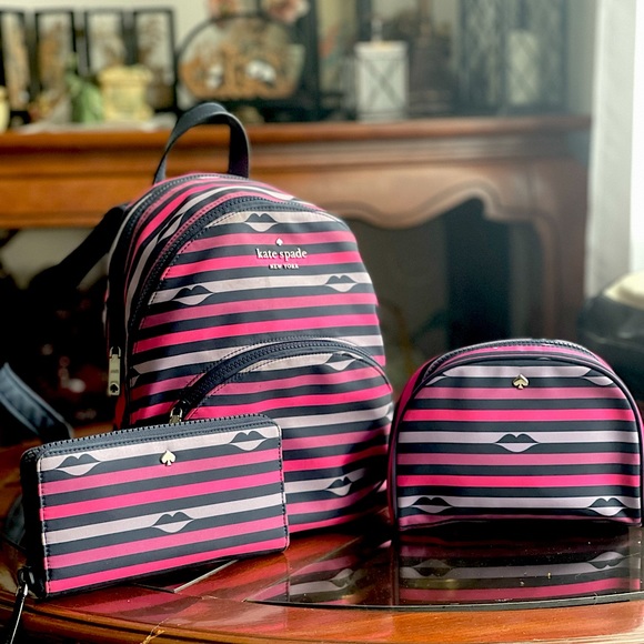 kate spade Handbags - Kate Spade Karissa Set - Backpack, Wallet, Makeup Bag/Pencil Case - Striped lips